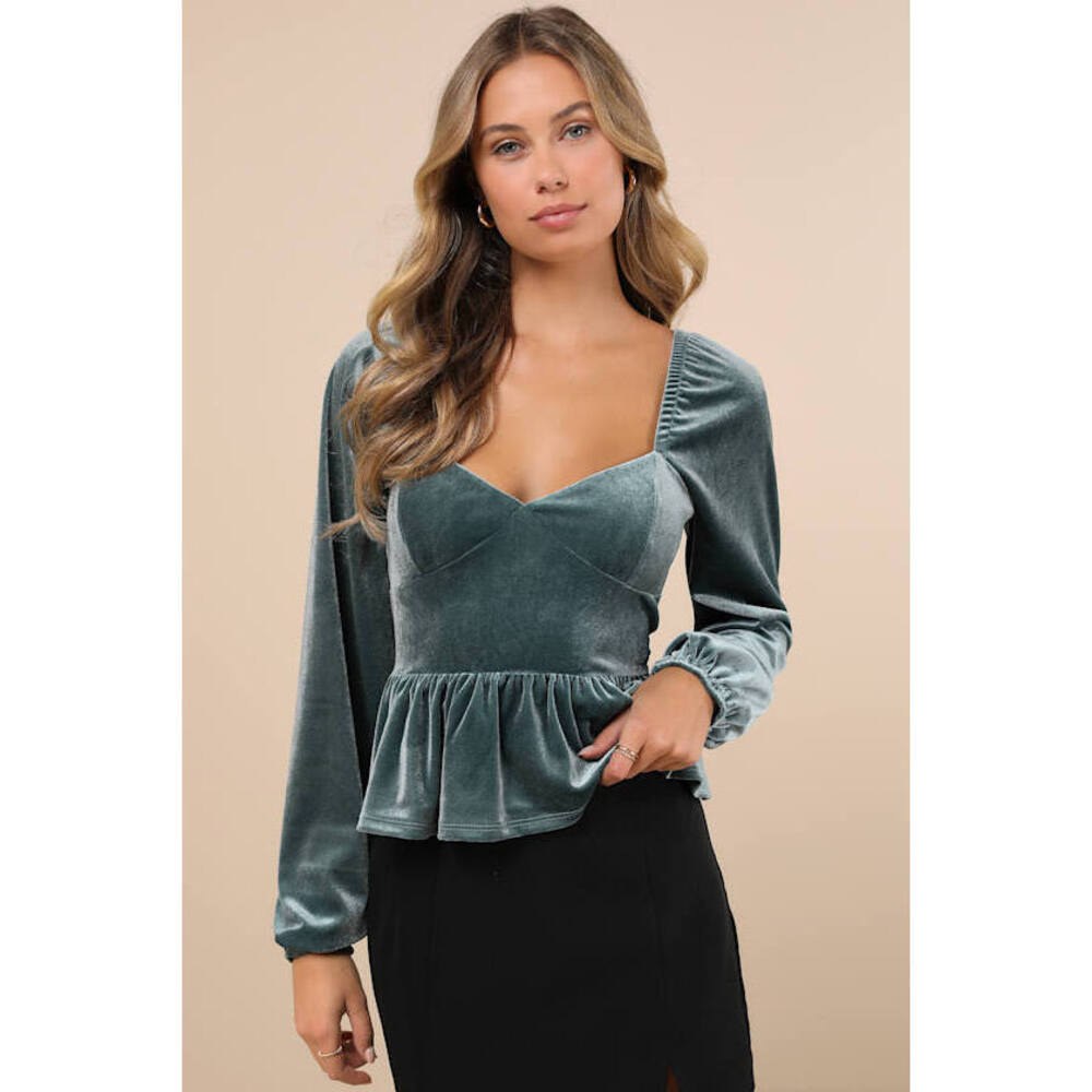 Lulus Marvelously Sweet Sage Blue Velvet Long Sleeve Peplum Top - Size M
